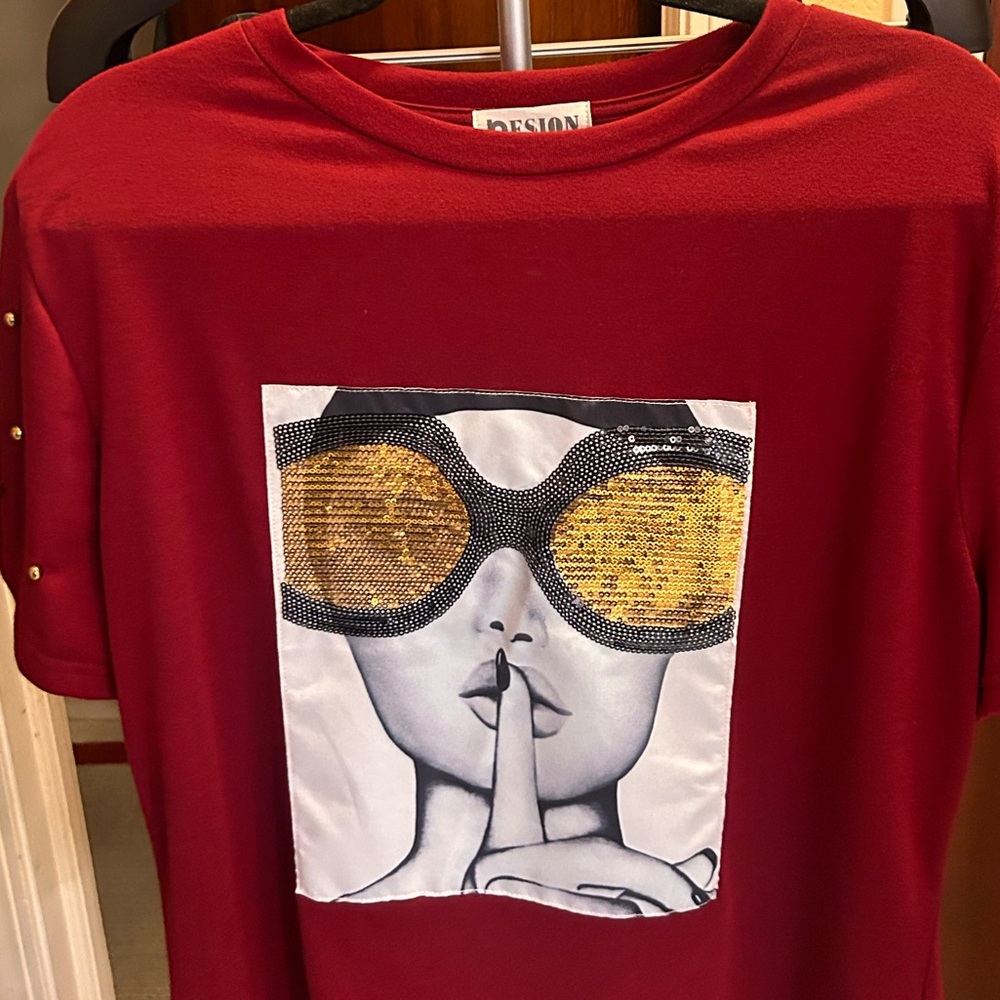 Burgundy women shirt w gold studs , sequin accent on front